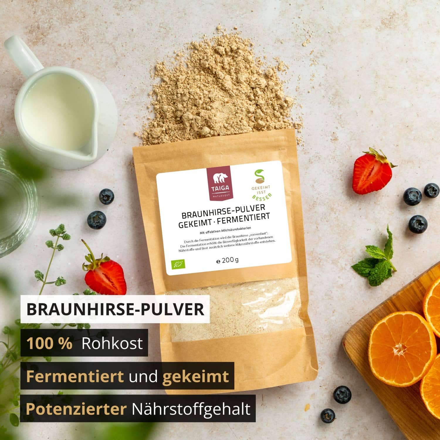 Braunhirse, gekeimt, fermentiert, bio, roh, 200 g