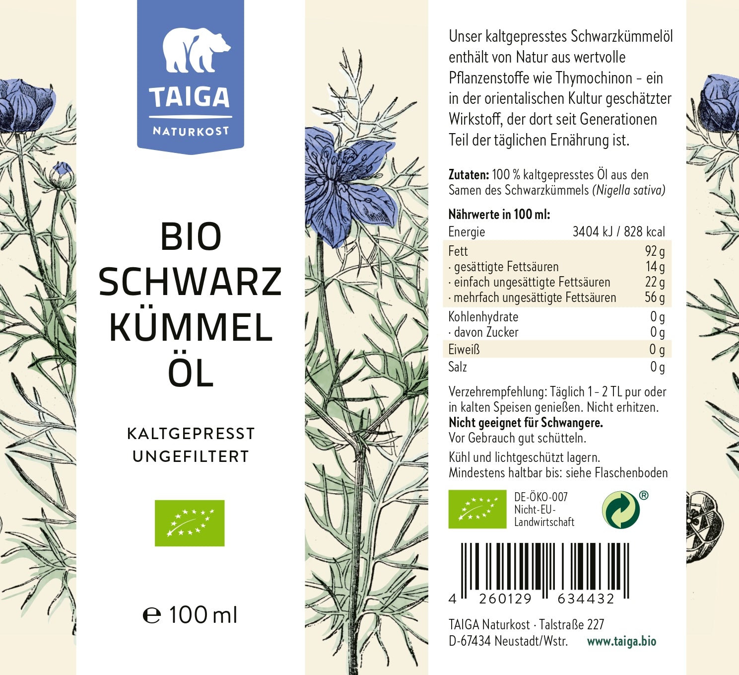 Bio Schwarzkümmelöl, ungefiltert, roh - 100 ml