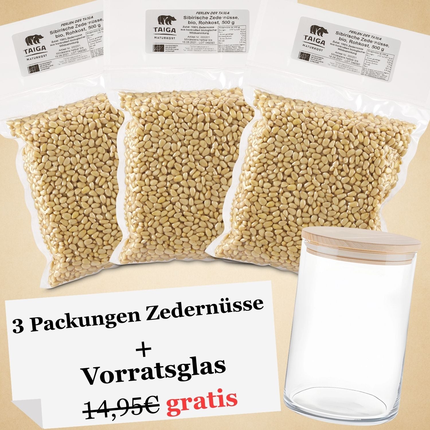Sibirische Kraft: Bio Zedernüsse + Vorratsglas gratis