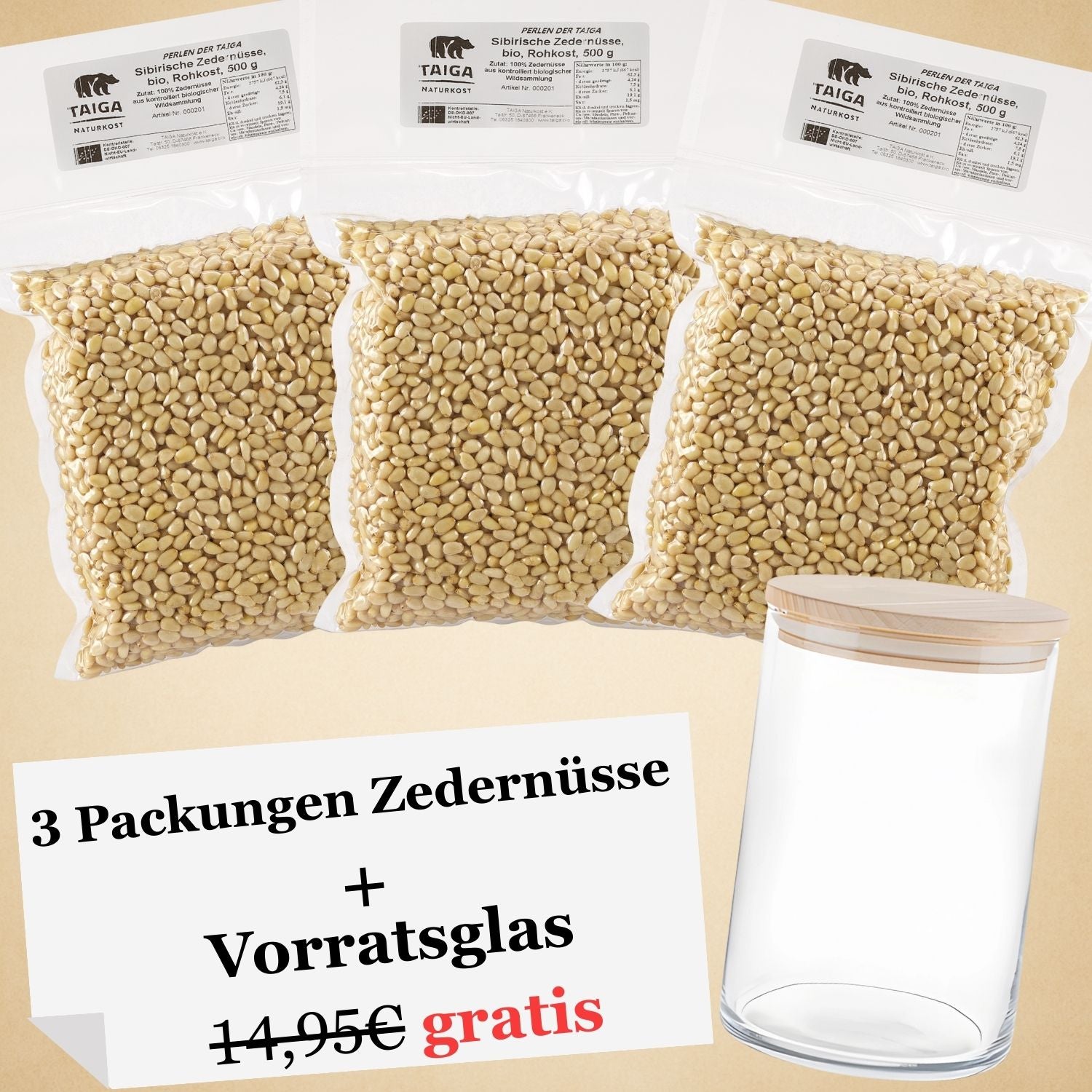 Sibirische Kraft: Bio Zedernüsse + Vorratsglas gratis