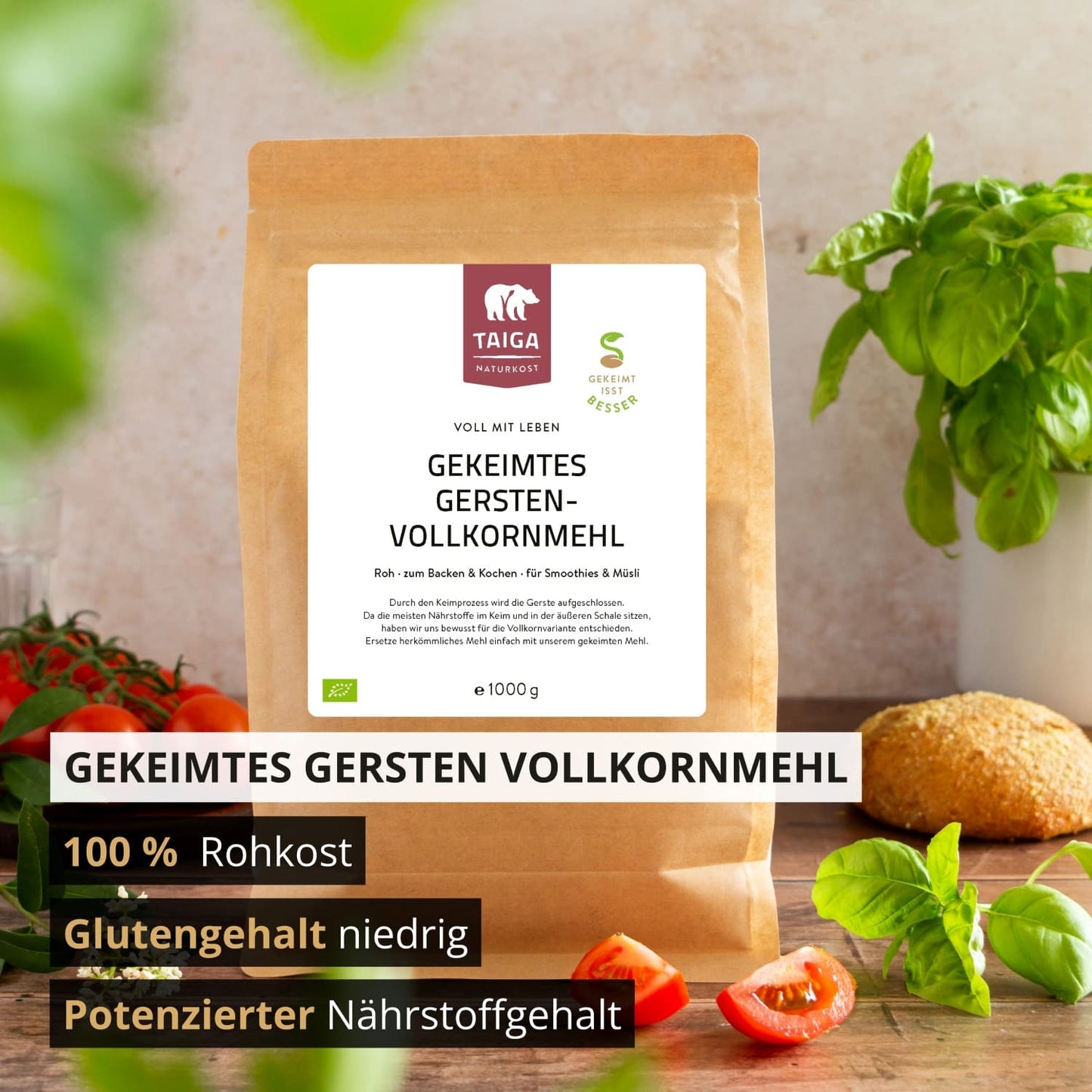 Gerstenmehl gekeimt, bio, roh, 1000 g